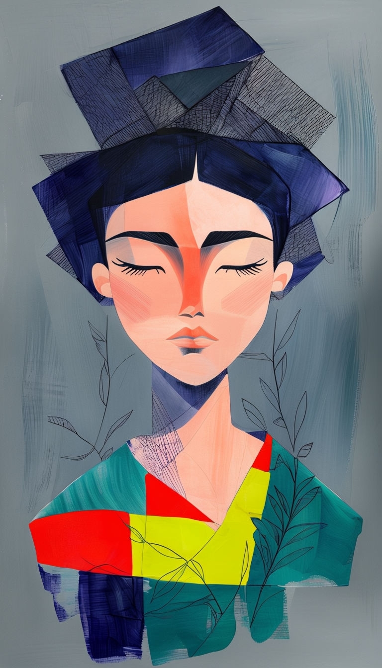 Stylized Thoughtful Figure Illustration in Vibrant Gouache Art