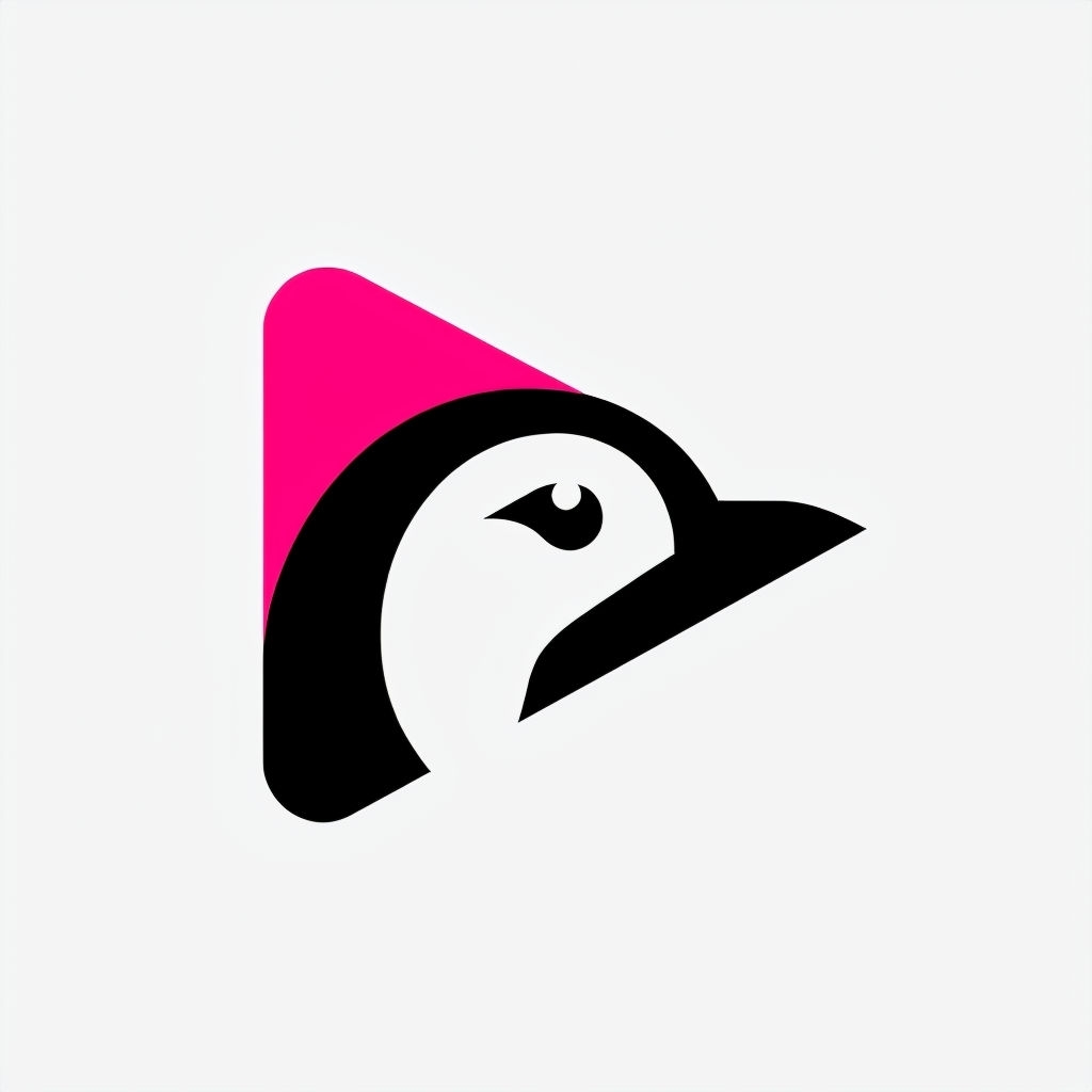 Stylized Penguin Head Logo with Play Button and Colorful Crest