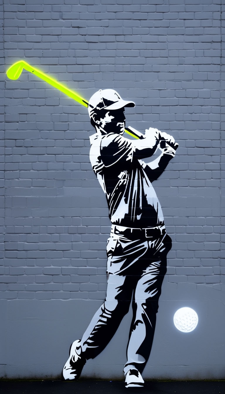 Dynamic Grayscale Golfer Street Art Mural Mobile Wallpaper