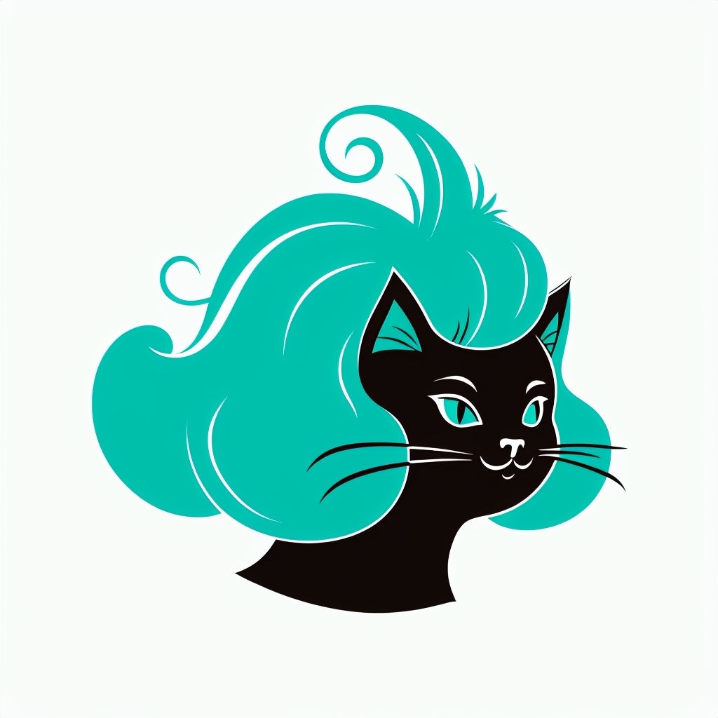 Playful Minimalist Black Cat Head with Teal Hairstyle Sticker