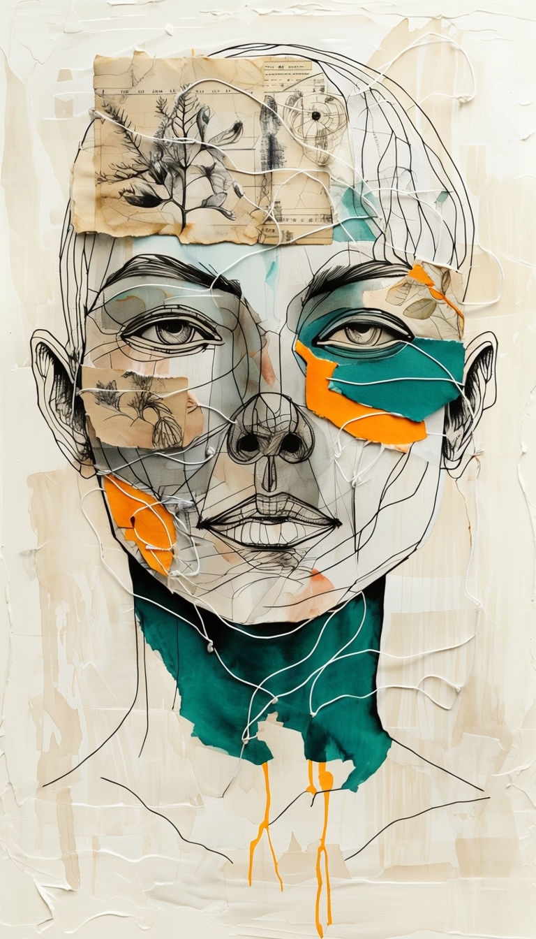 Surreal Humanoid Face Portrait with Mixed Media Techniques Art