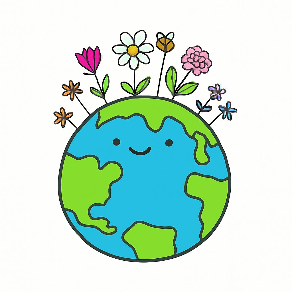 Cheerful Smiling Earth with Colorful Flowers Cartoon Sticker