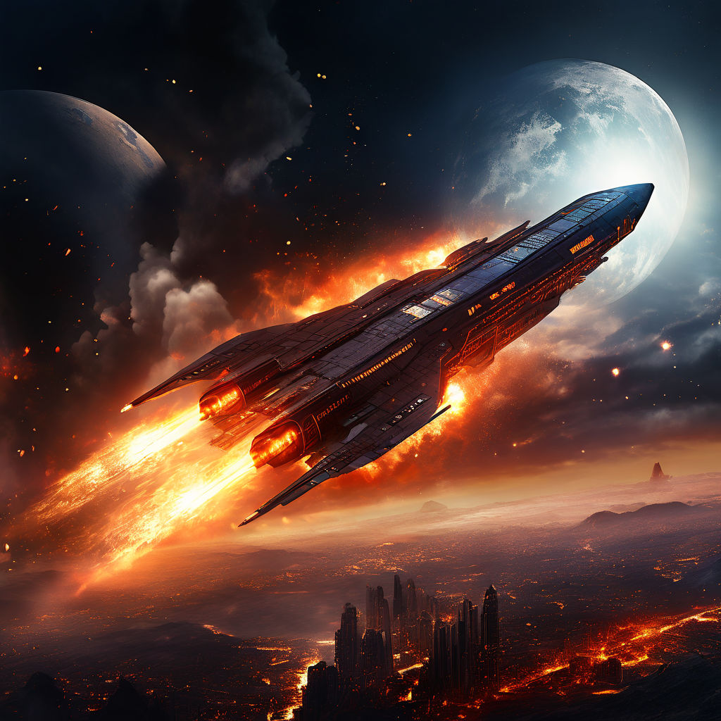 A starship over a burning City by Axel Essmann - Playground