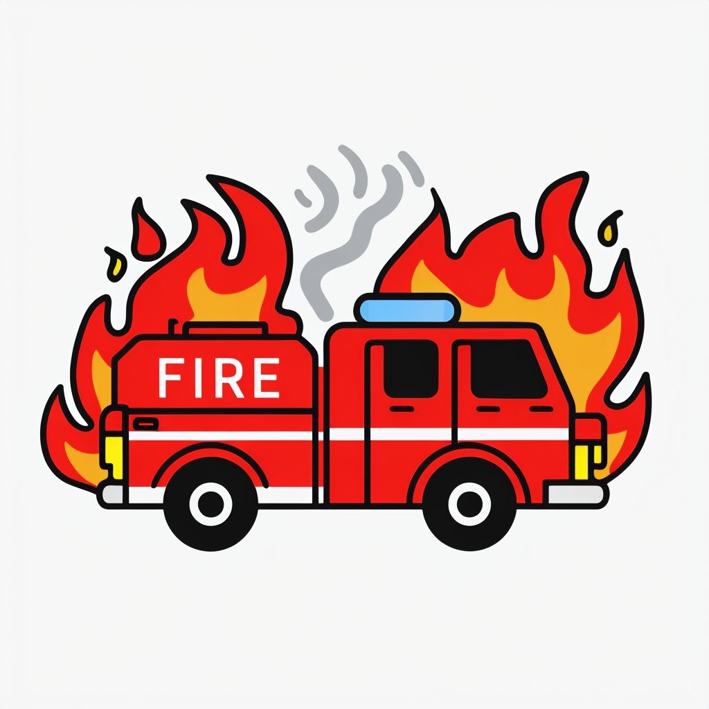 Burning Fire Truck Cartoon Icon Illustration Sticker