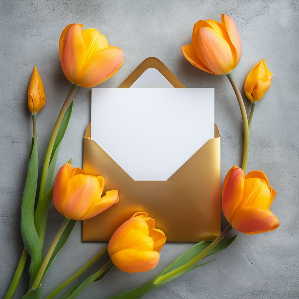 Elegant Still Life with Golden Envelope and Tulips Mockup