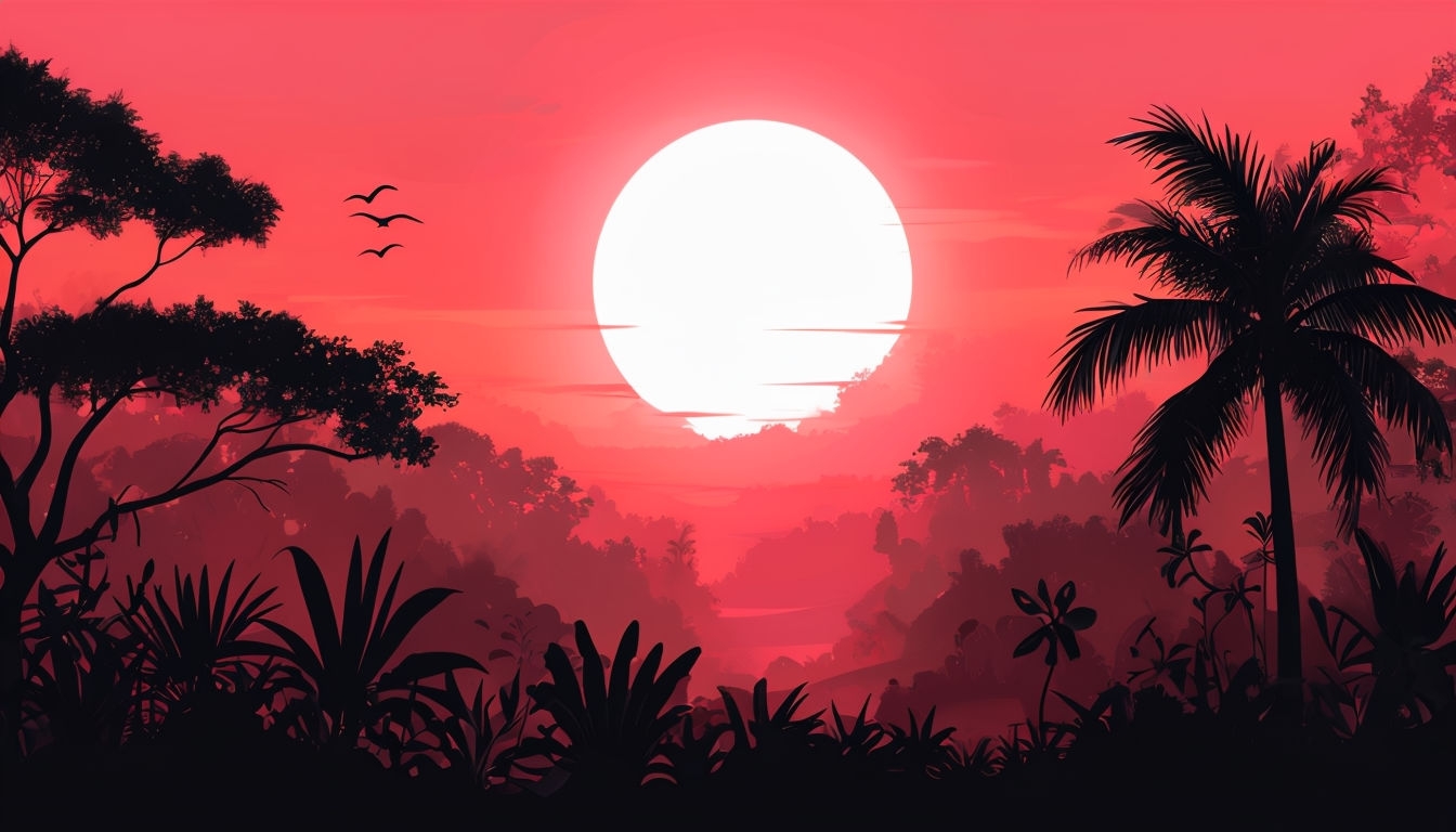 Tropical Sunset Landscape with Silhouetted Vegetation Background