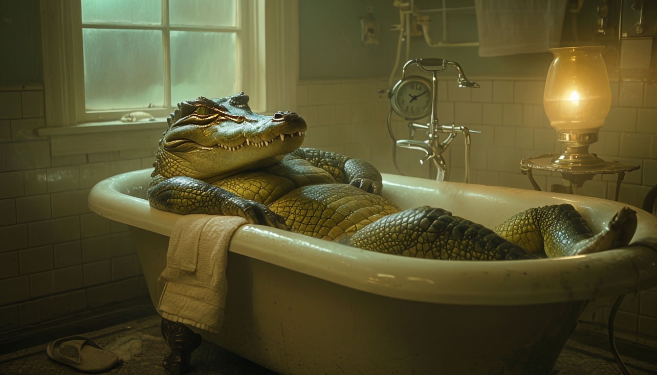 Whimsical Crocodile Gentleman in Vintage Bathtub Art Poster