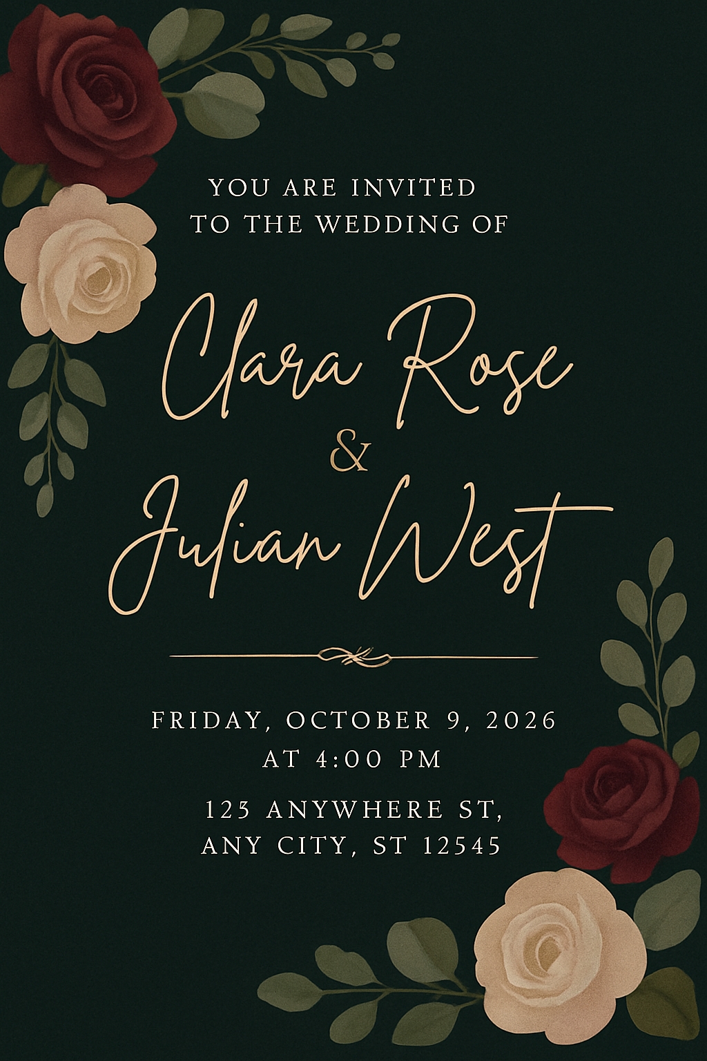 Elegant Dark Green Wedding Invitation with Floral Accents Card