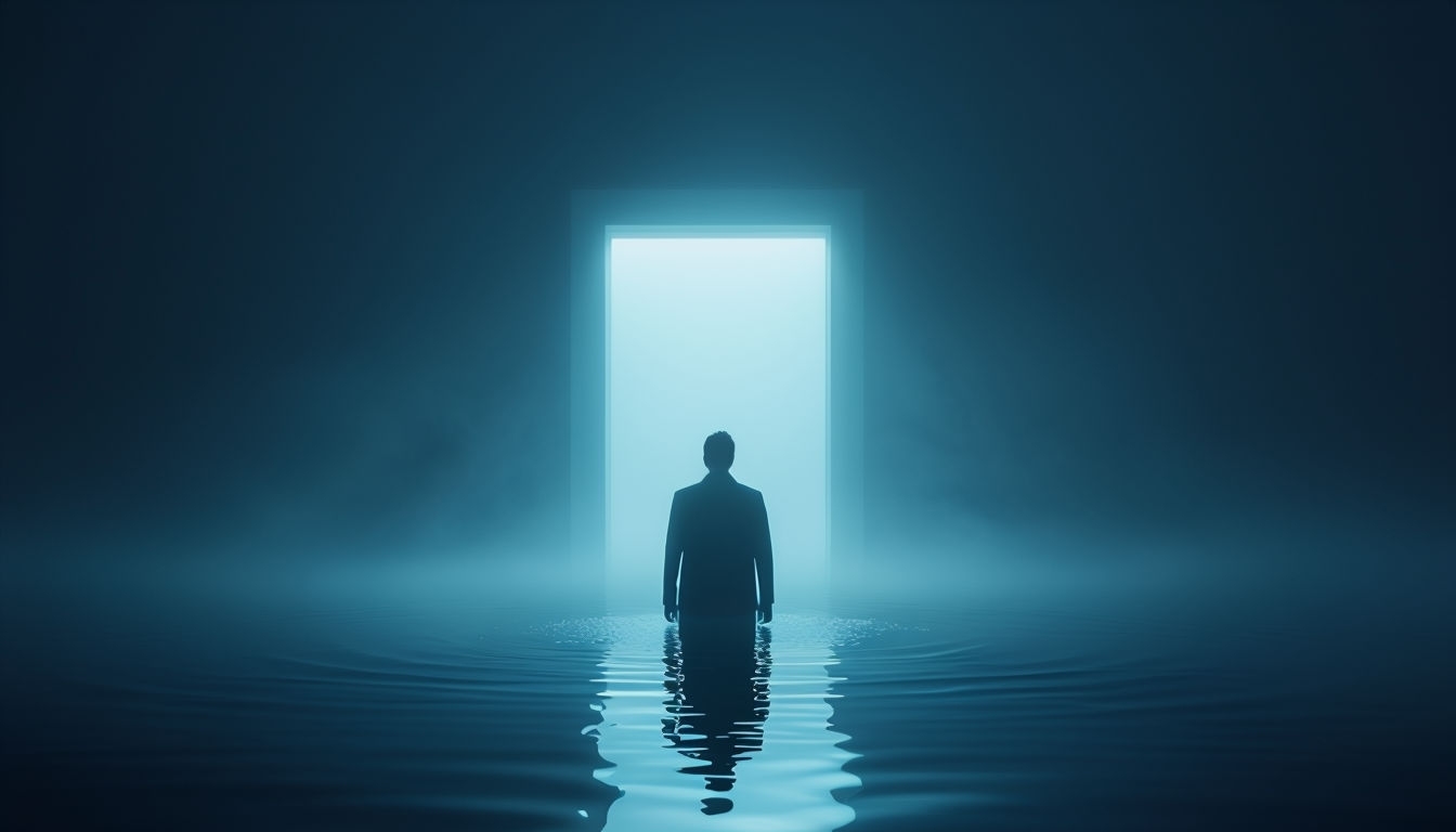 Surreal Solitary Figure by Illuminated Doorway Virtual Background