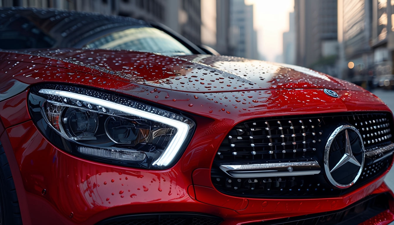 Sleek Red Mercedes-Benz Car Close-Up Urban Background Image Virtual Backgrounds
