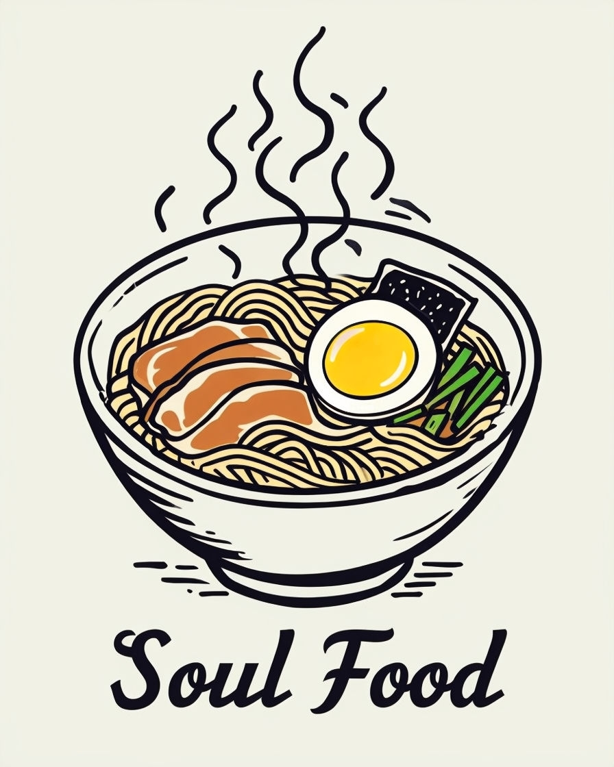 Steaming Bowl of Ramen Noodles with Soul Food Typography Poster