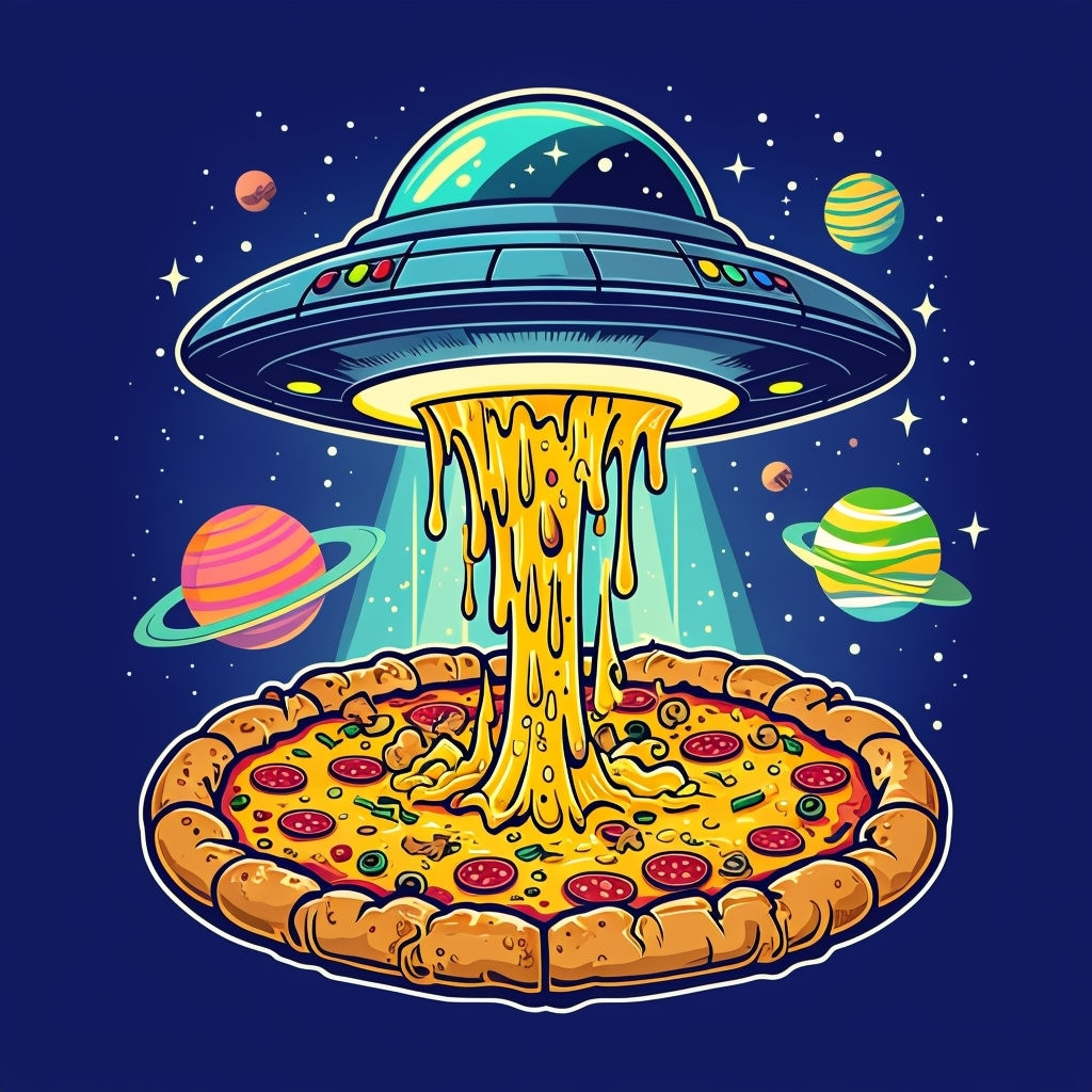 Whimsical UFO Melting Cheese on Giant Pizza T-Shirt