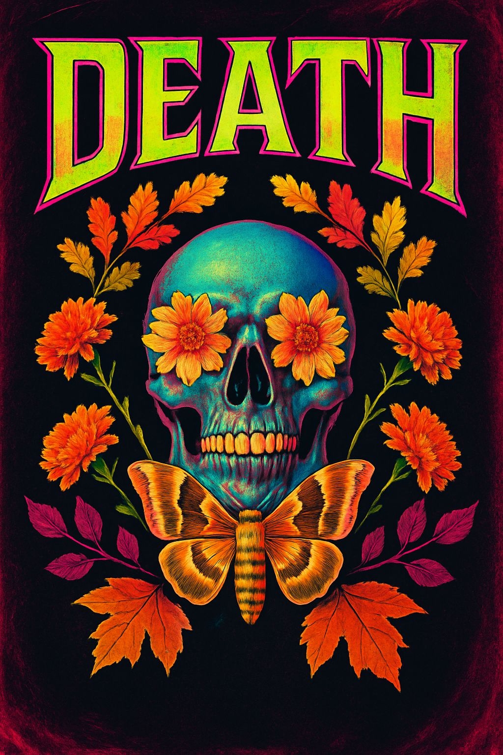 Surreal Turquoise Skull with Marigold Flowers T-Shirt