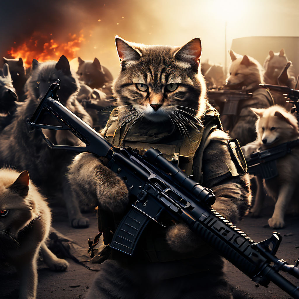 A cat with AK-47 fighting with an army of dogs equipped with... by ПМ ...