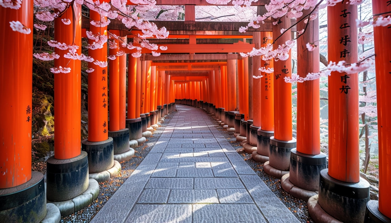 Vibrant Fushimi Inari Shrine Pathway with Cherry Blossoms Background