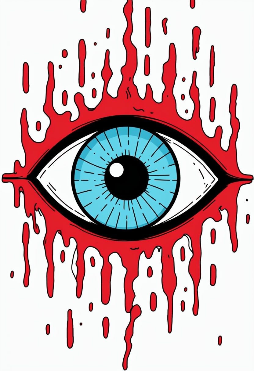 Stylized Cartoon Human Eye with Eerie Red Drips Art