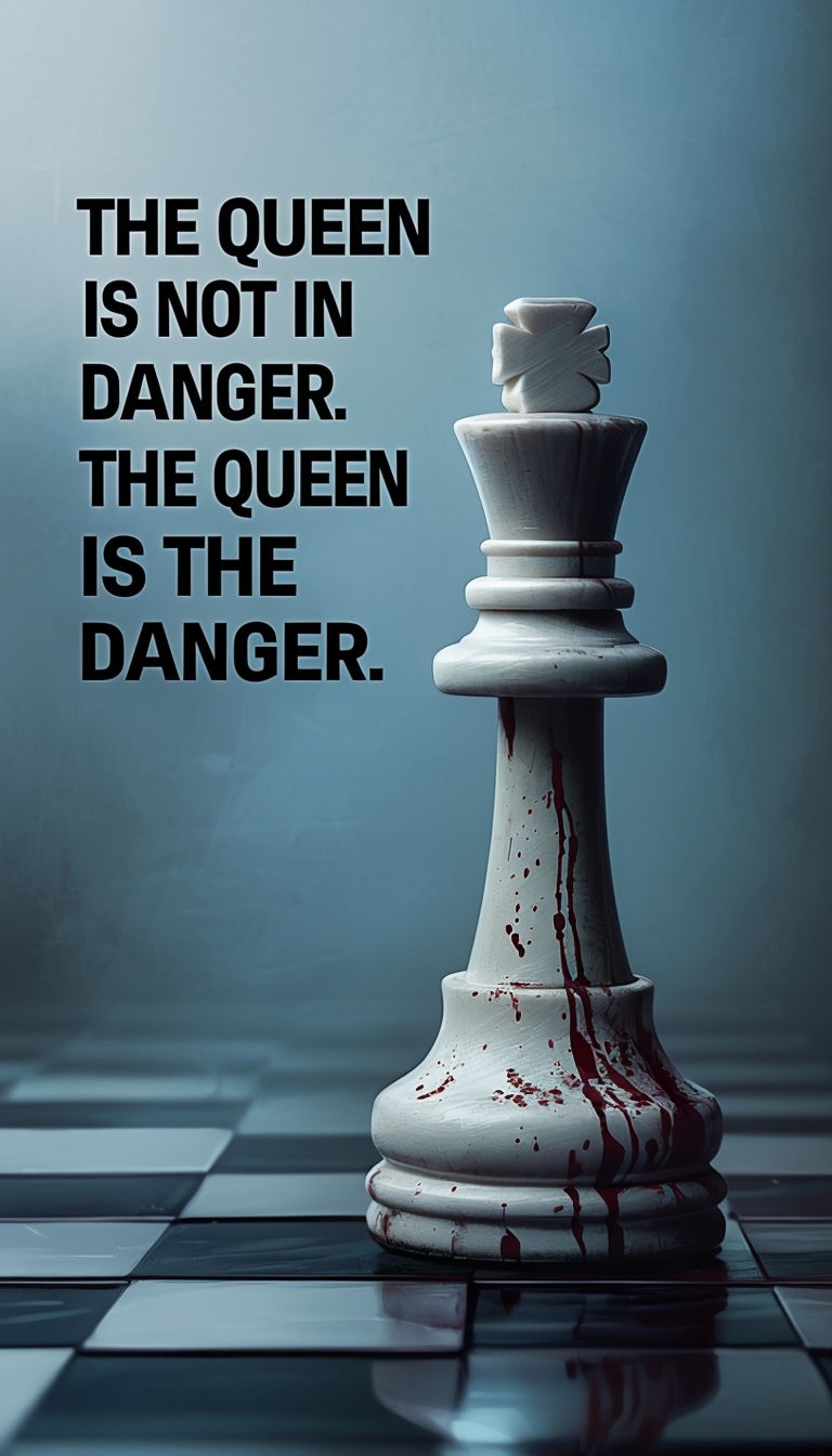 Ominous Ivory Queen Chess Piece on Dark Checkered Board Poster