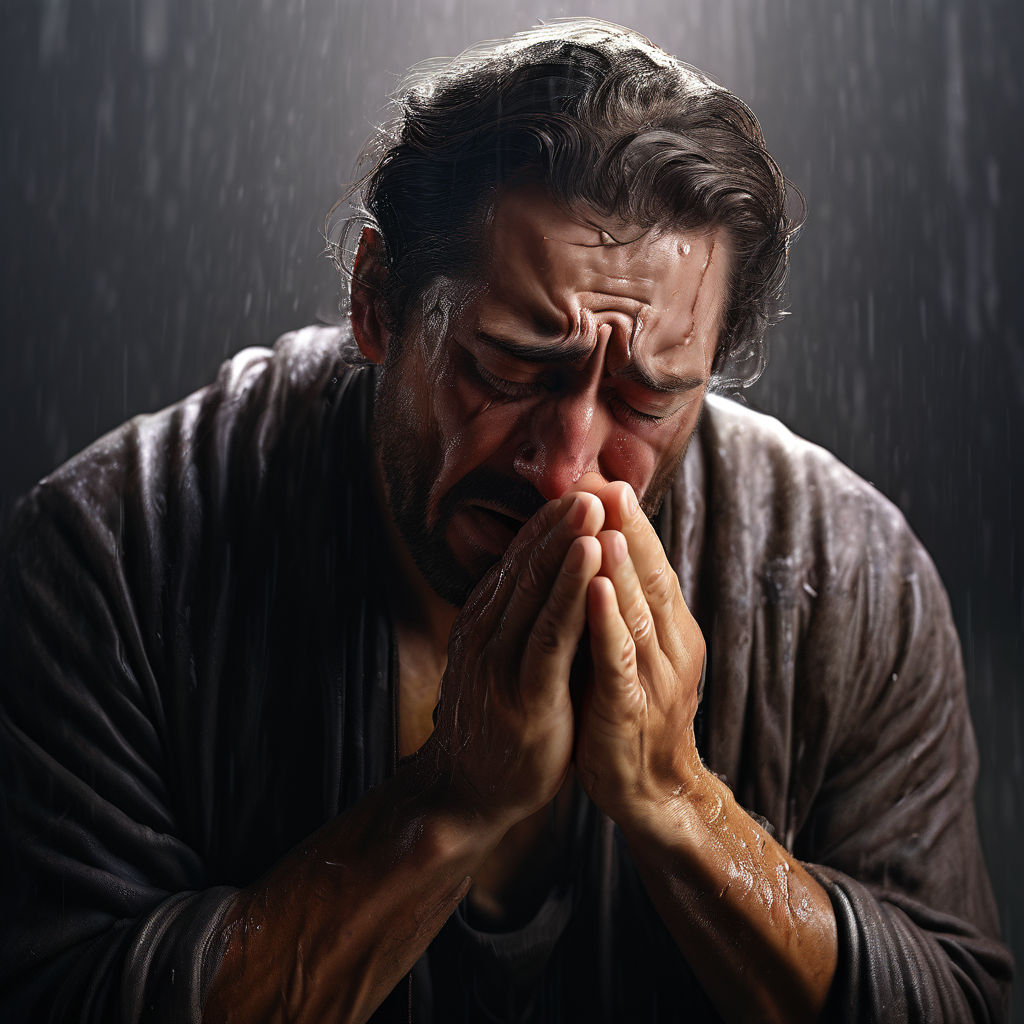 Create a realistic man crying with much tears while praying by Empraze ...