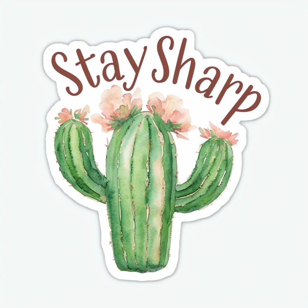 Watercolor Cactus with Stay Sharp Phrase Sticker