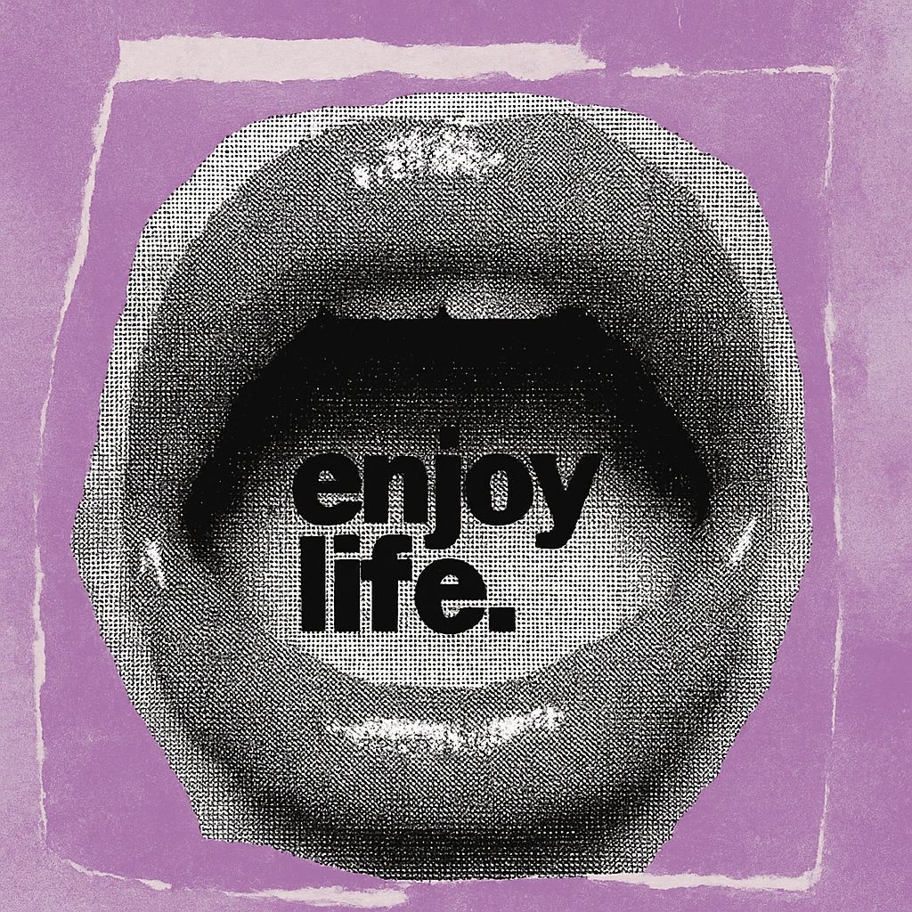 Bold Black and White Lips with 'Enjoy Life' Text Art for Album Cover