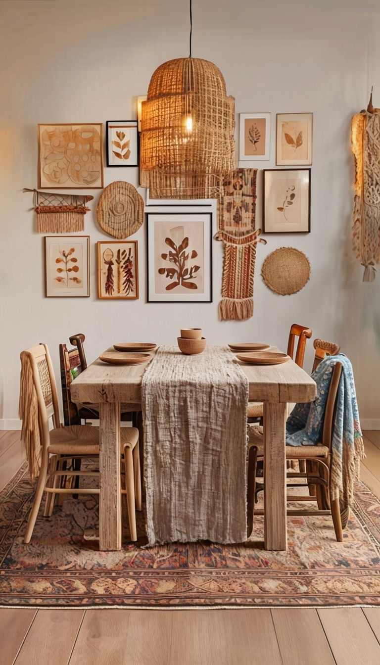 Inviting Boho Dining Area with Rustic Decor Mobile Wallpaper