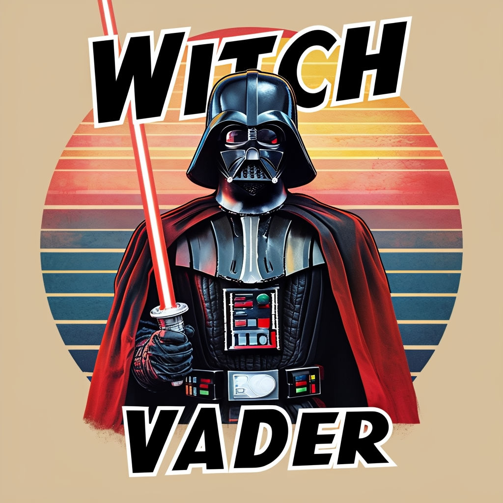 Vintage Darth Vader Illustration with Bold 'Witch Vader' Text Poster