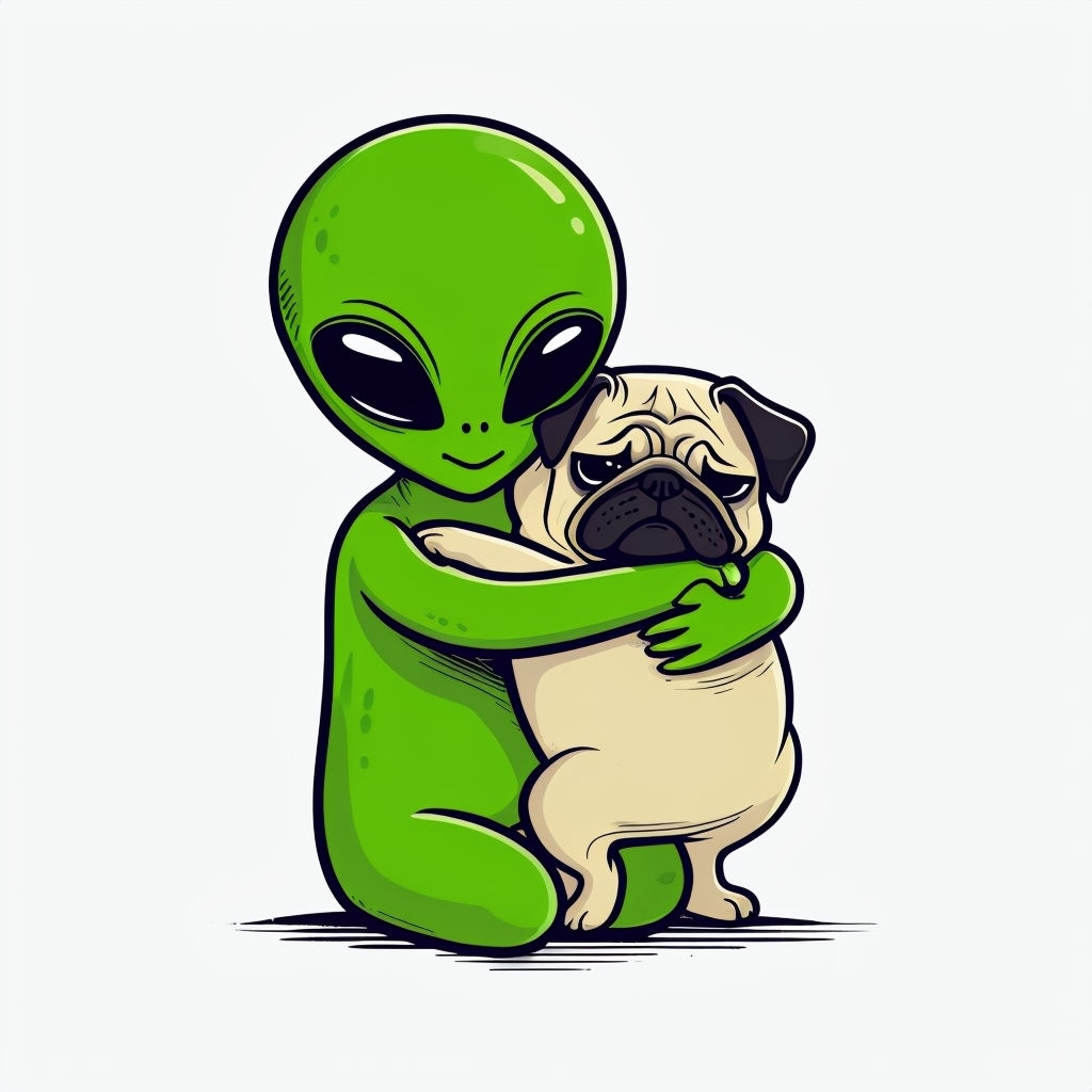 Green Alien Embracing Grumpy Pug Cartoon Illustration Mug