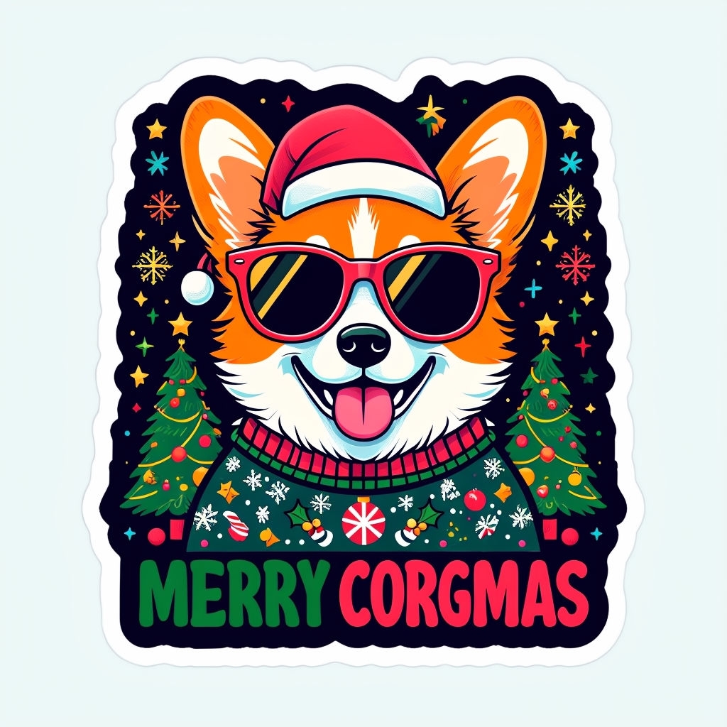 Joyful Corgi with Santa Hat and Christmas Trees Sticker