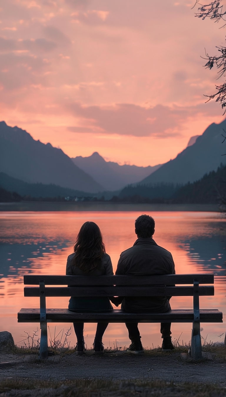 Romantic Sunset Lake View with Holding Hands Mobile Wallpaper