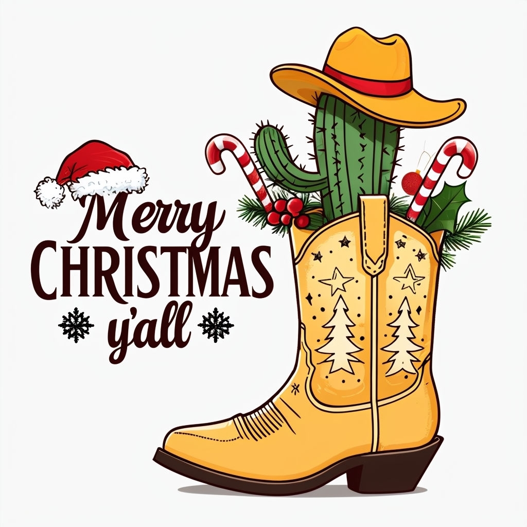 Festive Cartoon Cowboy Boot Christmas Card Design