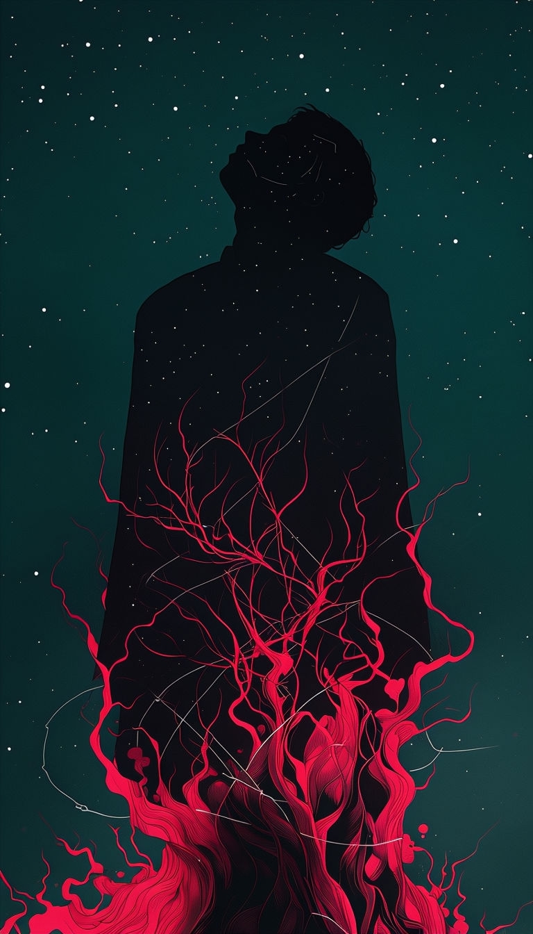Haunting Shadowy Figure with Crimson Tendrils Against Night Sky Mobile Wallpaper