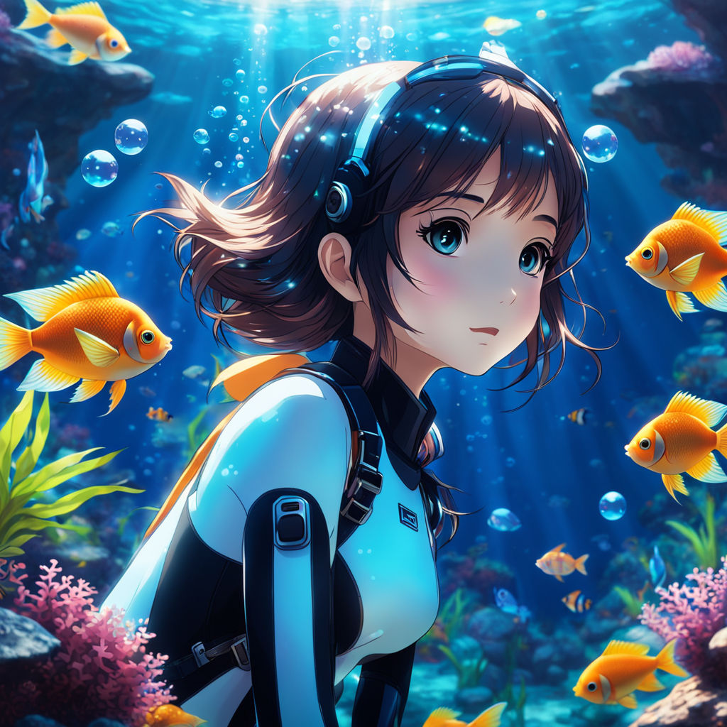 anime girl in a one piece swimsuit underwater scuba diving