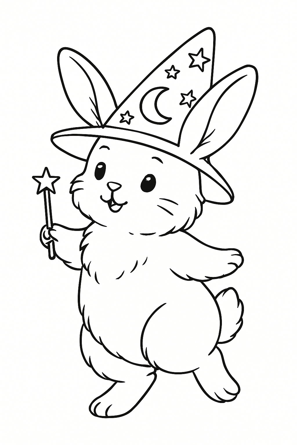 Cute Anthropomorphic Bunny Wizard with Magic Wand Coloring Book Page