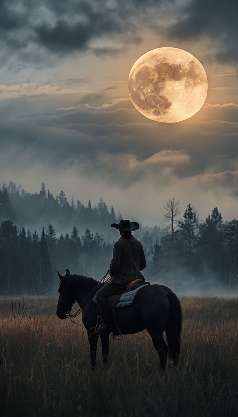 Lone Rider on Horseback Under Full Moon Landscape Mobile Wallpaper