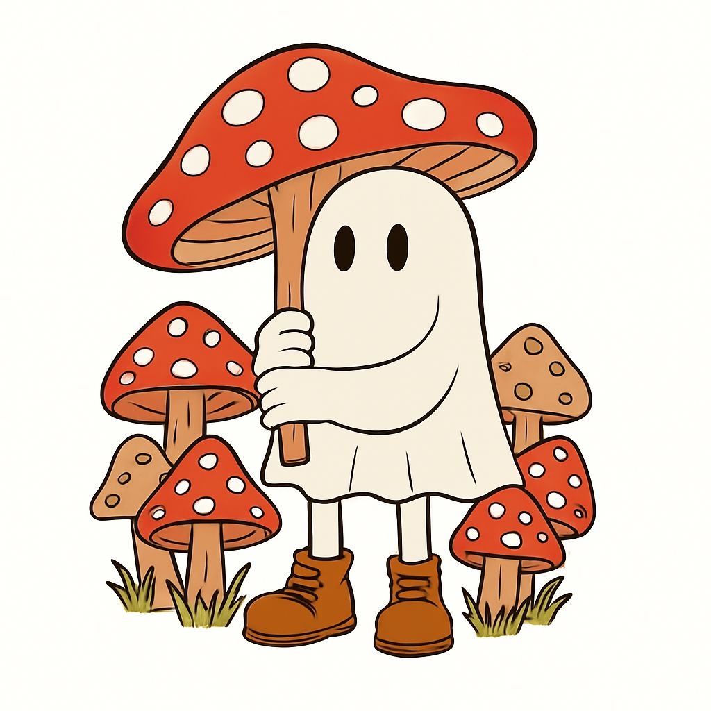 Whimsical Ghost Embracing Red Mushroom Cartoon T-Shirt