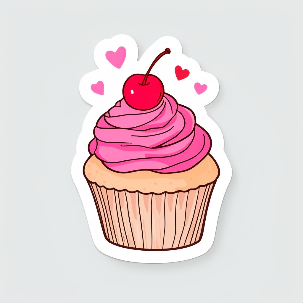 Cute Hand-Drawn Cupcake with Hearts Sticker