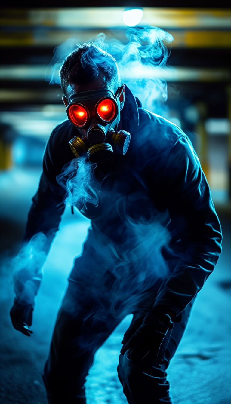 Mysterious Gas Mask Figure in Dark Urban Environment Mobile Wallpaper