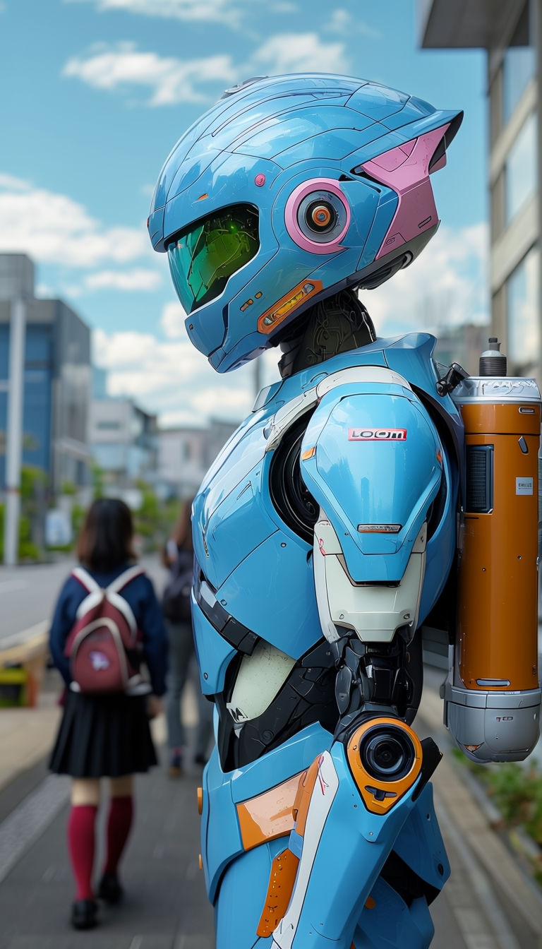 Futuristic Urban Robot Scene with School Kids in Japan Art