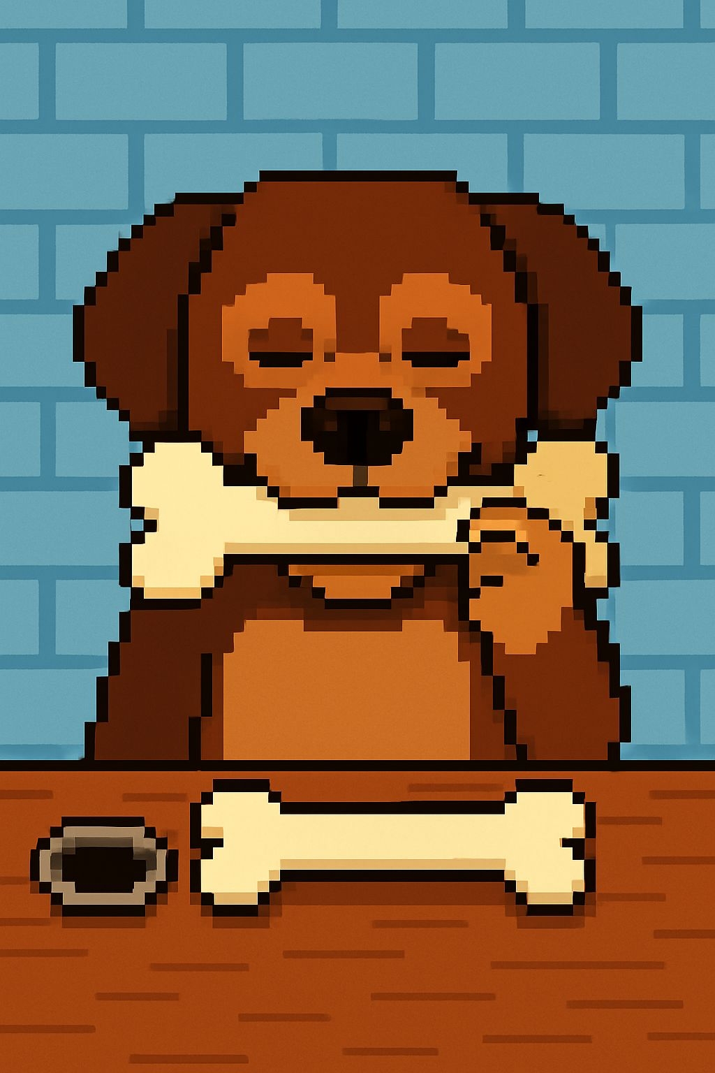 Pixelated Brown Dog with Bones at Wooden Table Art