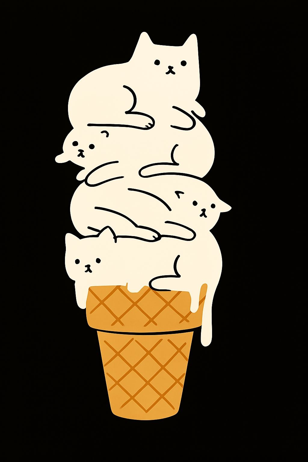 Whimsical Cream Cats Stacked in Ice Cream Cone Illustration Poster