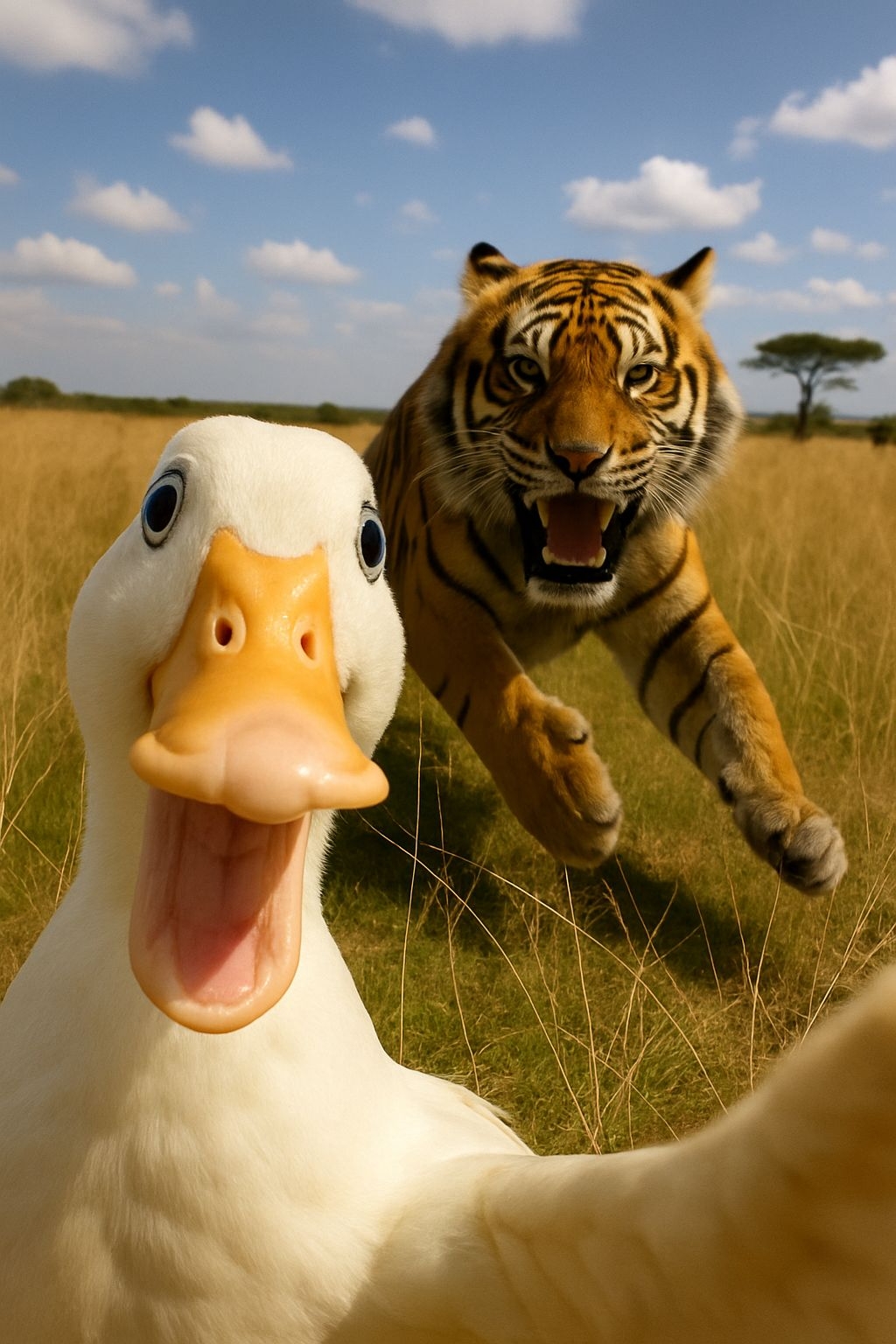 Humorous Selfie of Playful Duck and Fierce Tiger in Nature Art