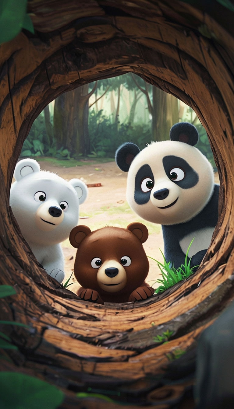 Curious Cartoon Bears Peering into a Tree Hole Illustration Art