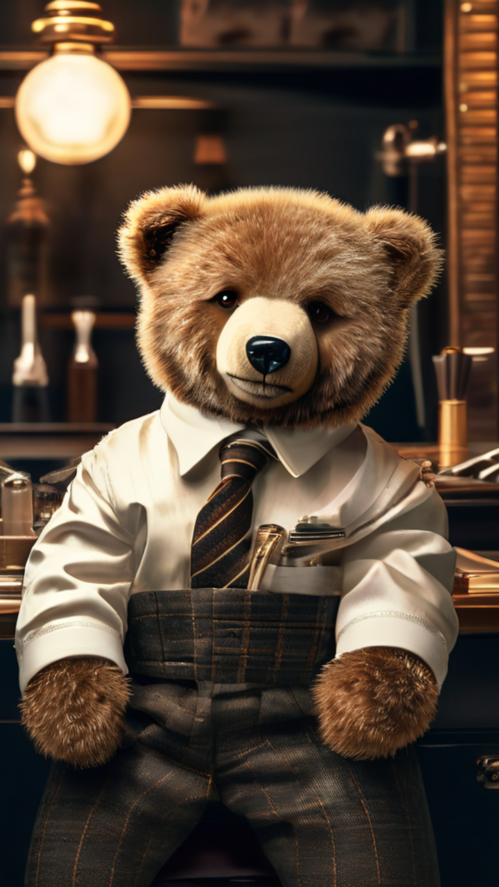 A teddy bear wearing luxury clothes and getting a buzzcut in... by ...