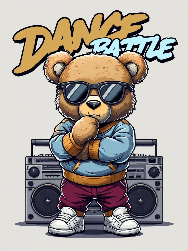 Hip-Hop Teddy Bear Character with Dance Battle Graffiti Poster