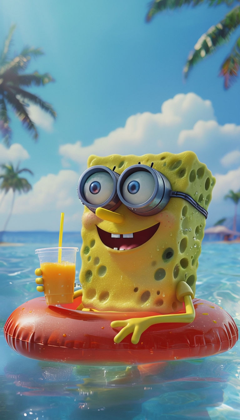 Playful 3D Spongebob Squarepants in Summer Pool Scene Art