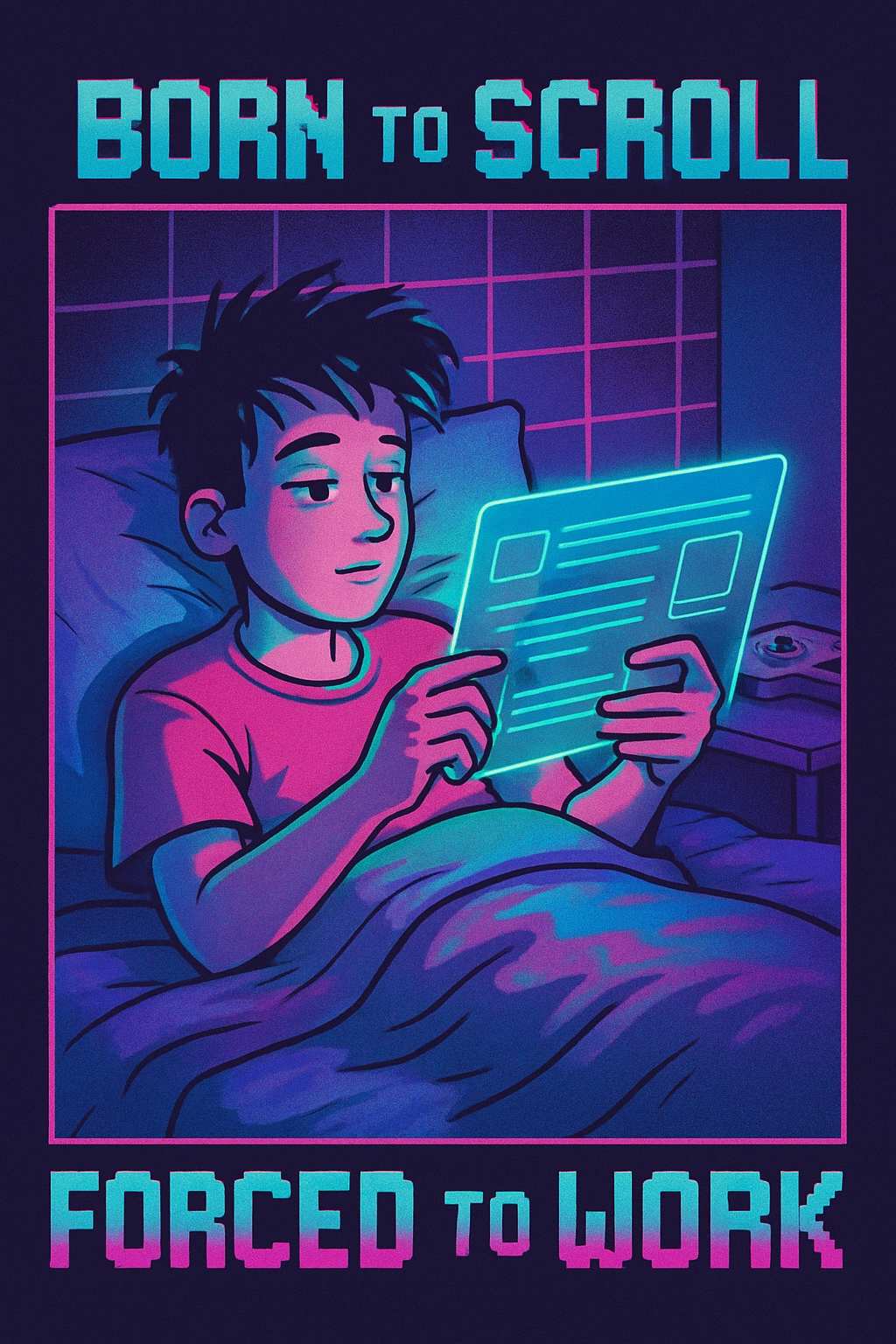 Neon Pixel Art "Born to Scroll" Retro T-Shirt Design