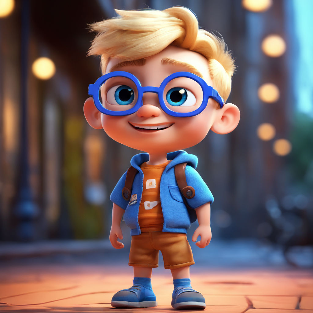 3d render of cute cartoon boy with blonde hair green shirt blue shorts