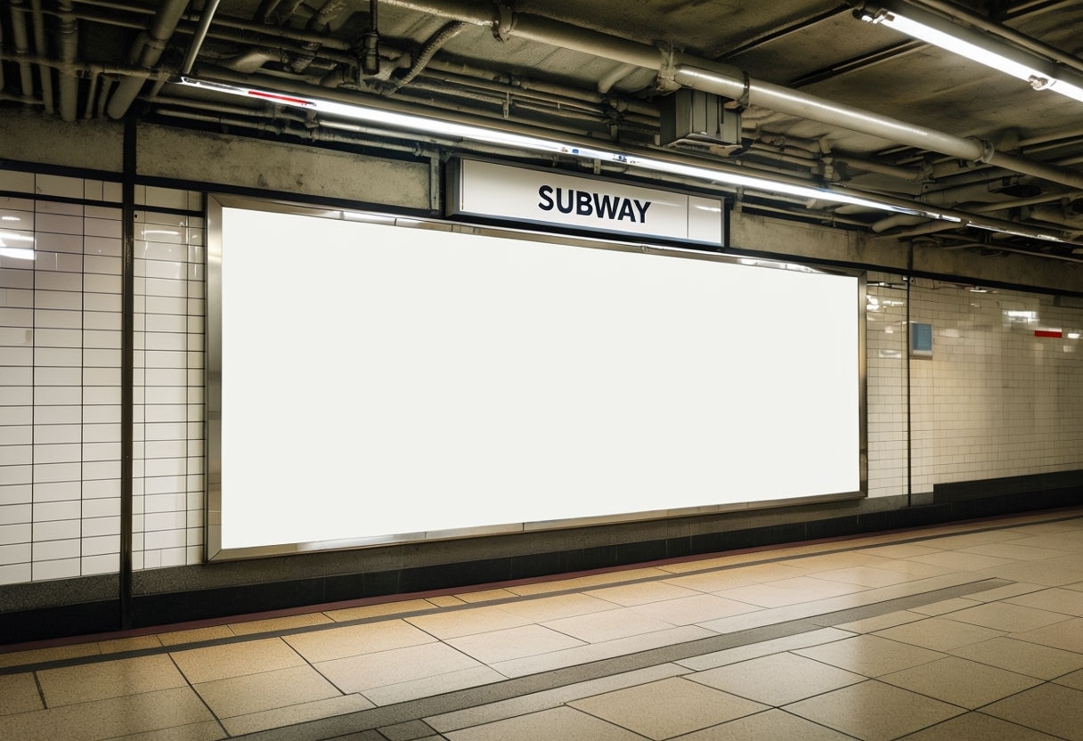 Bright Subway Station Interior with Large Blank Advertisement Art