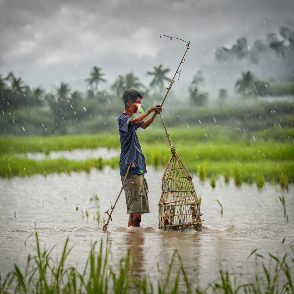 A Malay boy catching fish using Bamboo trap in Flooded paddy... by P4P
