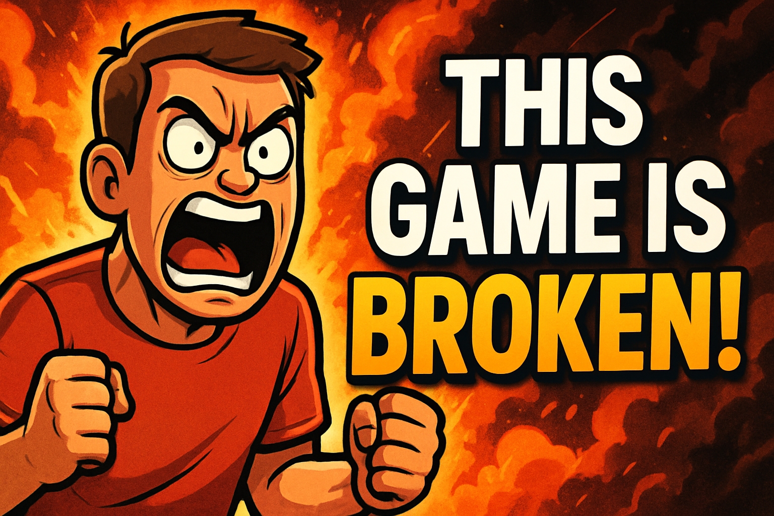 Angry Character with 'This Game is Broken!' Comic Illustration Social Media Post